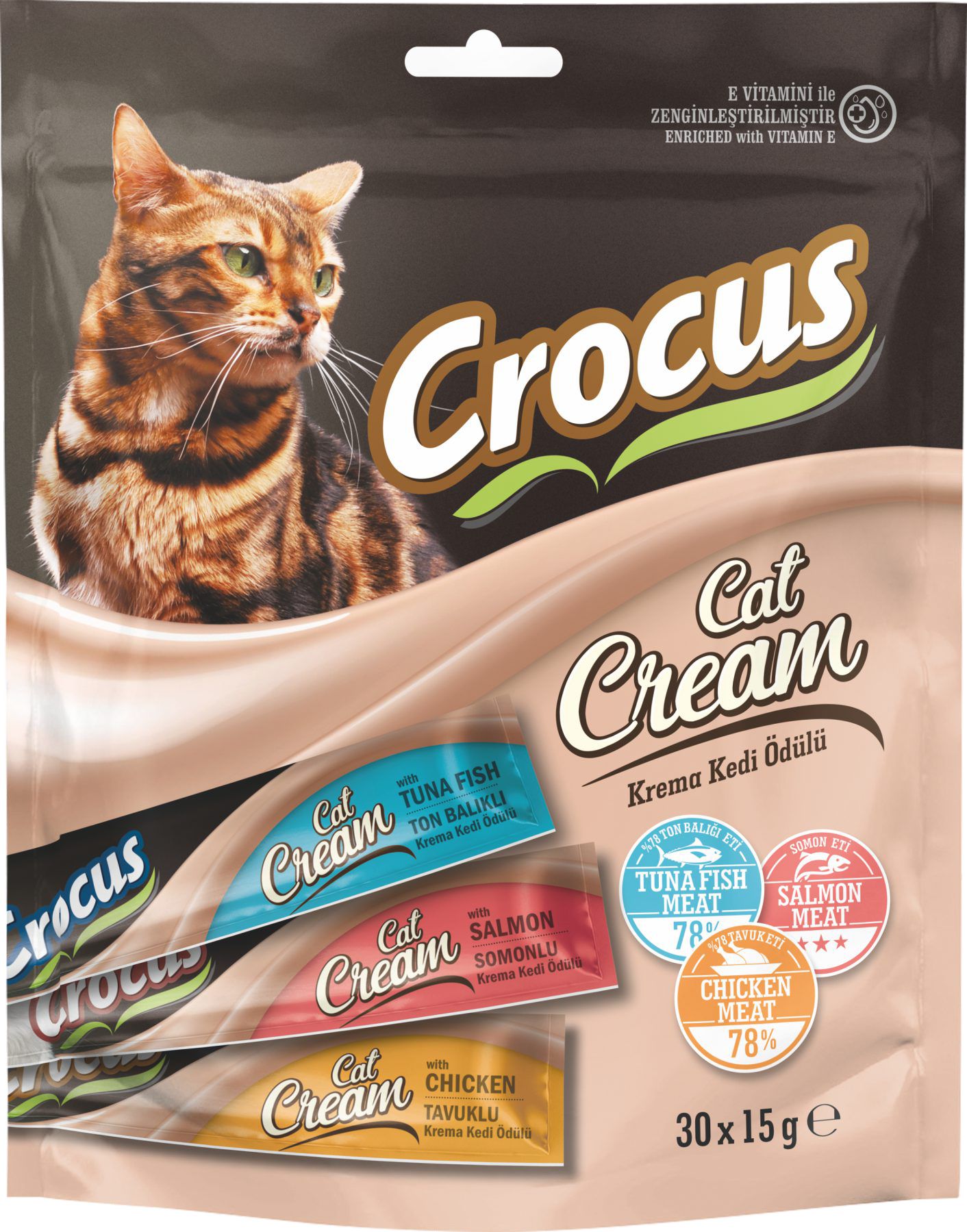 Crocus Çoklu Tavuklu & Ton Balıklı & Somonlu Krema Kedi Ödülü 30x15g Crocus Çoklu Tavuklu & Ton Balıklı & Somonlu Krema Kedi Ödülü 30x15g
